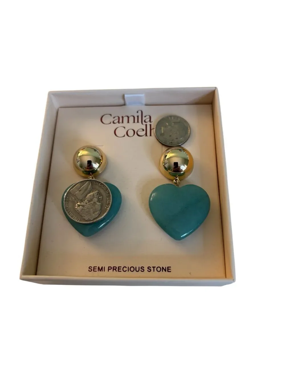 Camila Coelho Teal Green Heart Drop Earrings w/ Gold Tone Dome Studs.